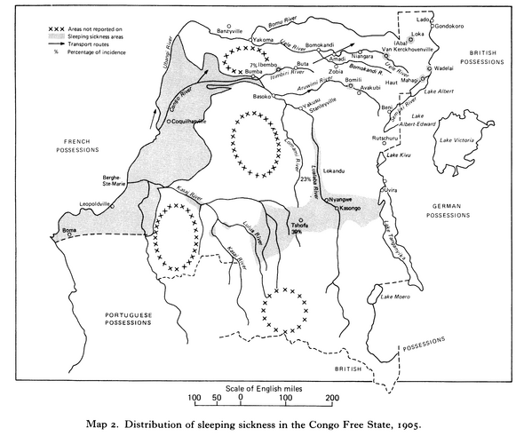 Bild 5: Distribution of sleeping sickness in the Congo Free State 1905 (Lyons 1985: 76).
