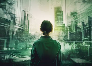 Futuristisches Bild, die eine Frau von hinten zeigt, die auf Flächen von Gebäuden blickt