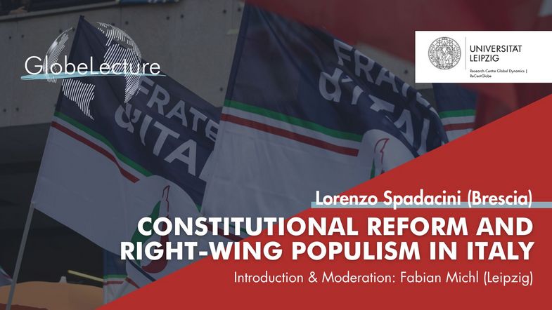 Info Graphic for GlobeLecture #7 with Lorenzo Spadacini on Constitutional Reform and Right-Wing Populism in Italy. Introduction & moderation: Fabian Michl. The background image depicts flacs of the political party "Fratelli d'Italia".