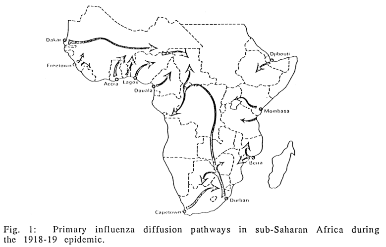 Bild 7: Primary influenza diffusion pathways in sub-Saharan Africa during the 1918-19 epidemic (Tomkins 1994: 66). 