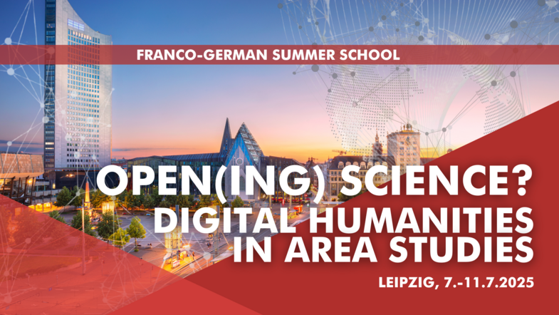 Augustusplatz und Universität Leipzig; mit Linien verbundene Punkte; schemenhafter Globus; rote Dreiecke; Titel der Sommerschule "Opening Science? Digital Humanities in Area Studies"
